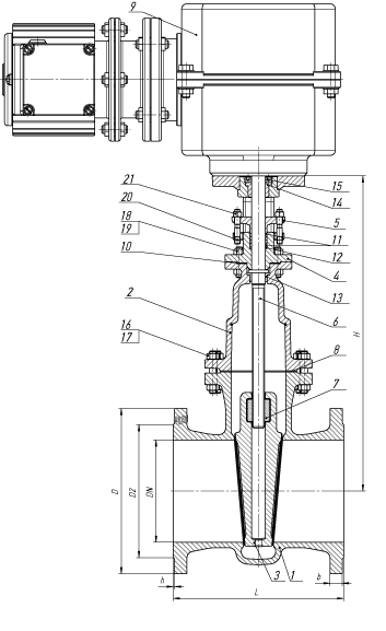Чертеж-схема задвижки 30с927нж с электроприводом рис. 2